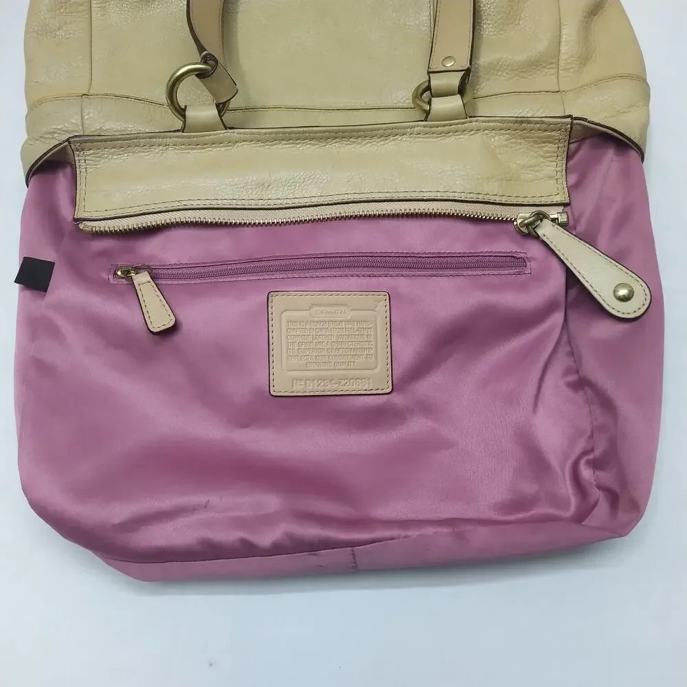 Coach Tan Leather Studded Double Handle Zipper Closure Tote Shoulder Bag